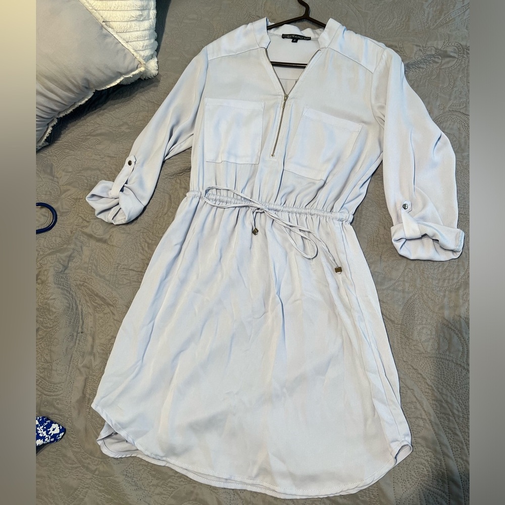 Dynamite Light Blue Lined Drawstring Shirt Dress